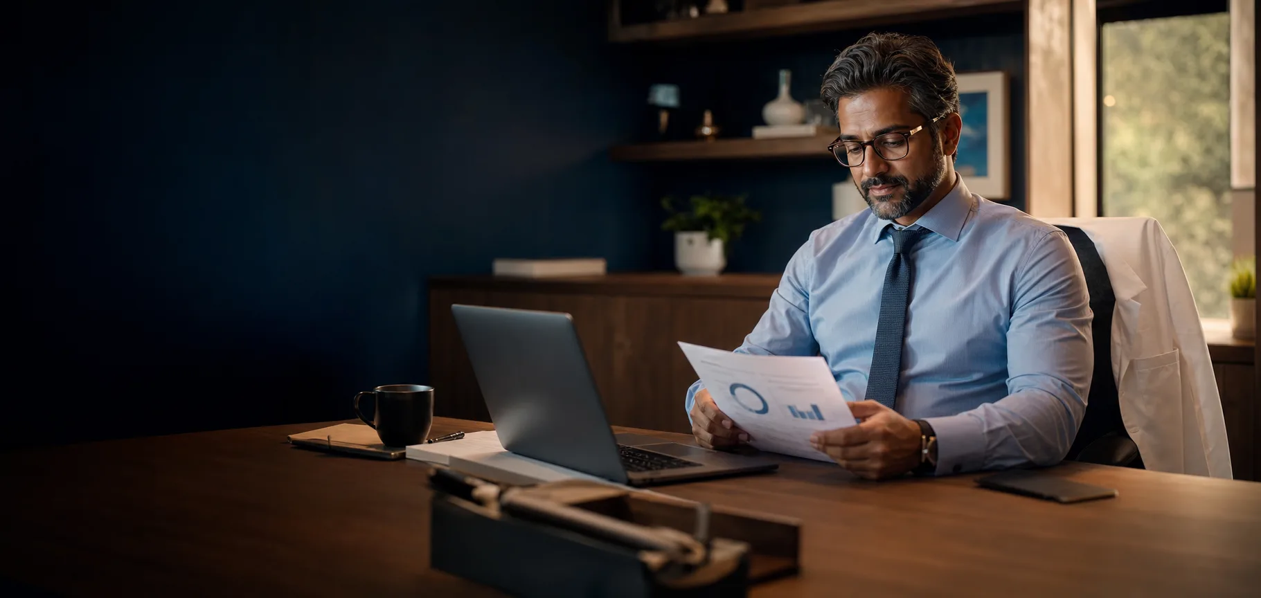 Physician at a desk reviewing a compensation statement beside a laptop